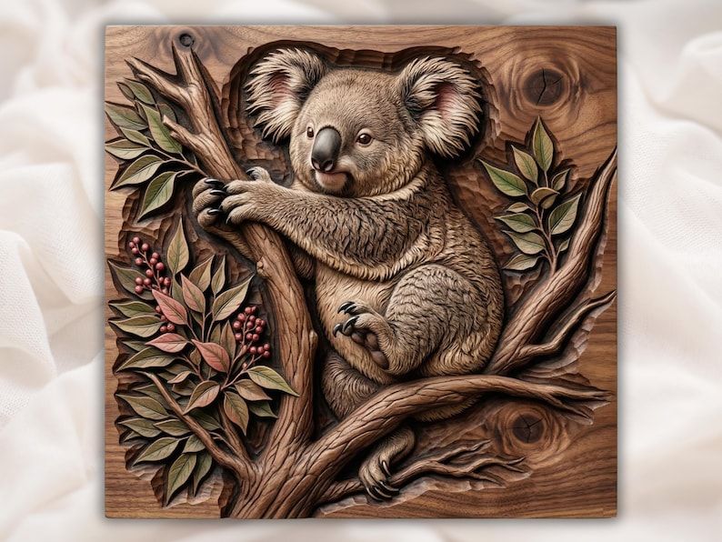 Bas-relief carving of a koala hugging a eucalyptus branch with leaves and red berries on wood