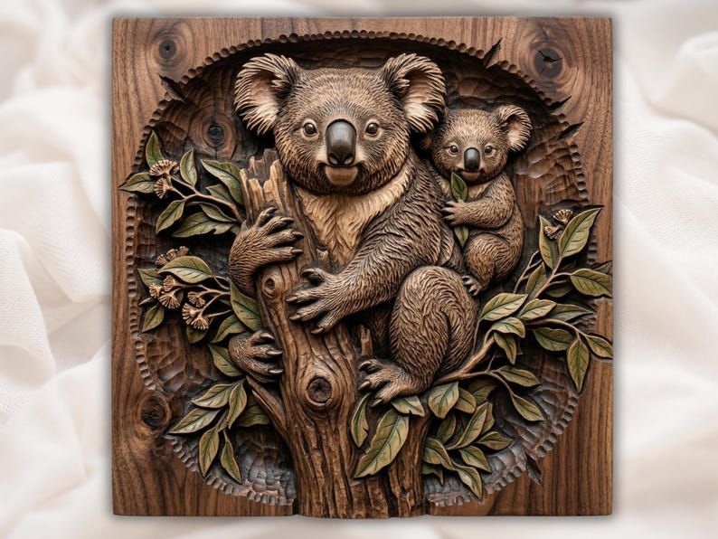 Carved wood bas-relief of a koala mother and her baby clinging to a tree trunk among eucalyptus leaves