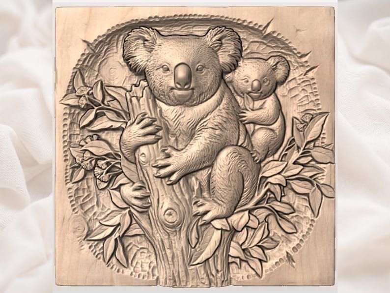 Koala Mother and Baby Bas-Relief STL on a Eucalyptus Branch bas-relief STL — view 2