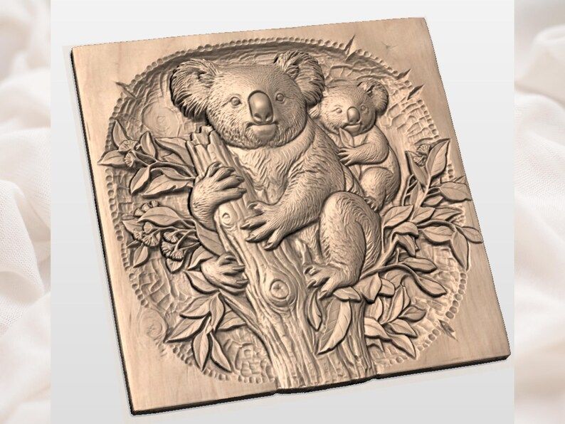 Koala Mother and Baby Bas-Relief STL on a Eucalyptus Branch bas-relief STL — view 3