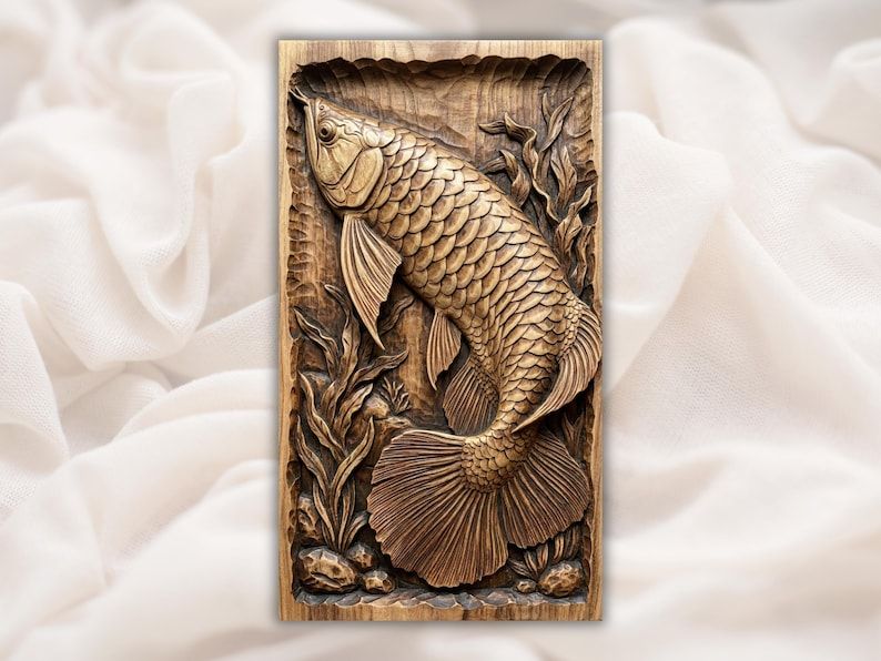 Bas-relief wood carving of a leaping koi fish with detailed scales, flowing fins, reeds, and river stones