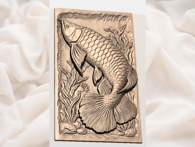 Leaping Koi Fish Bas-Relief STL Panel with Flowing Fins bas-relief STL — view 2
