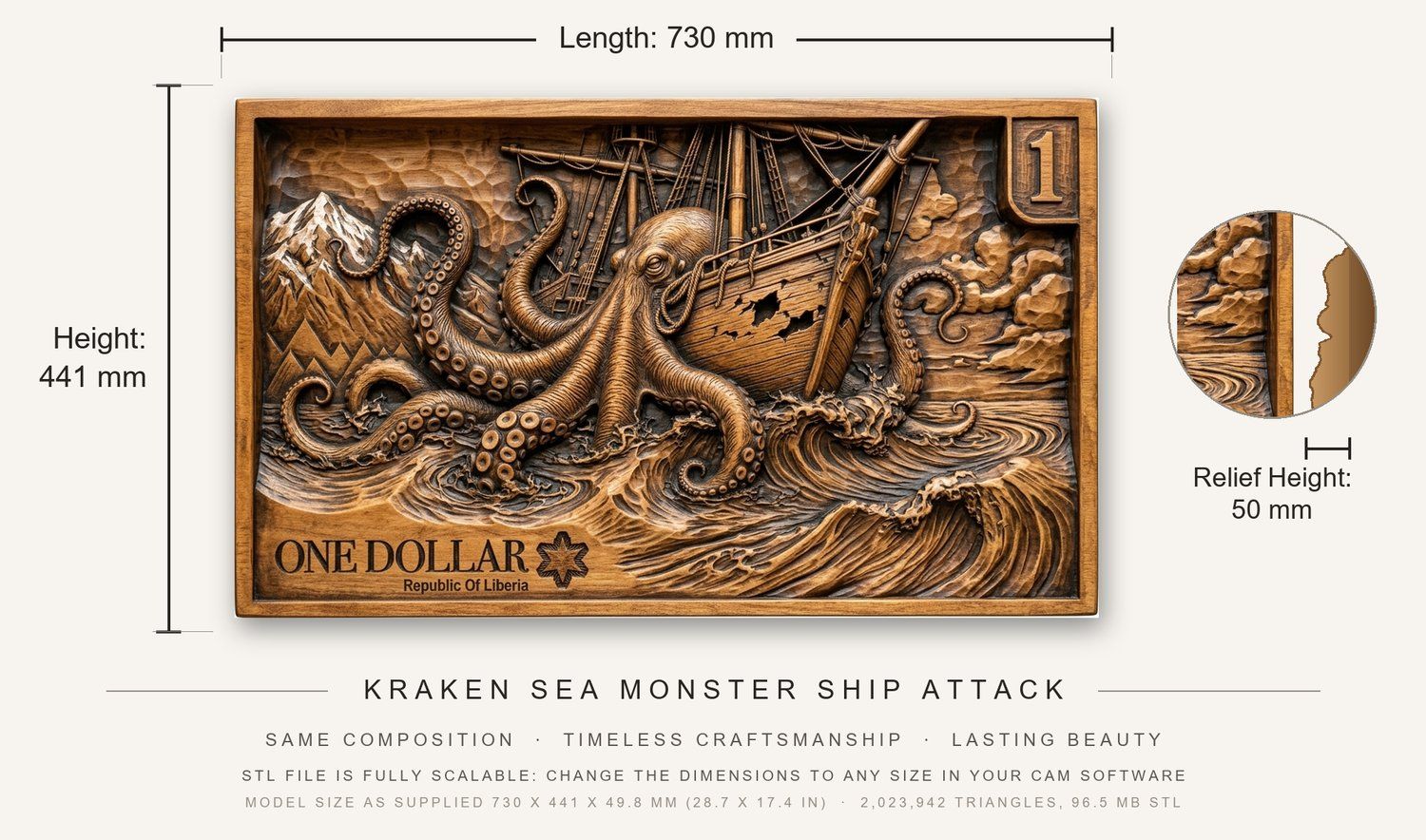 Kraken Sea Monster Ship Attack CNC Relief STL bas-relief STL — view 3