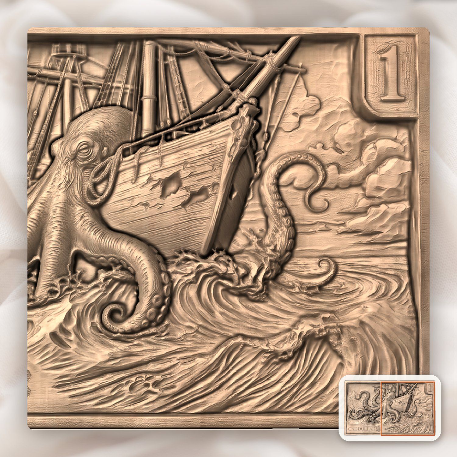Kraken Sea Monster Ship Attack CNC Relief STL bas-relief STL — view 9