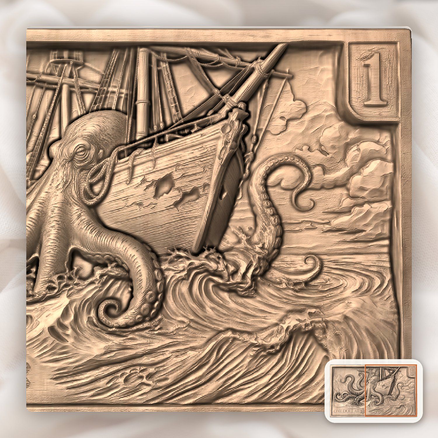 Kraken Sea Monster Ship Attack CNC Relief STL bas-relief STL — view 10