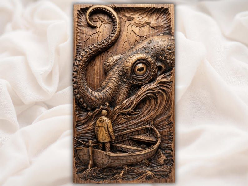 Carved wood relief of a giant octopus and curling tentacle rising over a lone fisherman in a small boat on stormy waves.