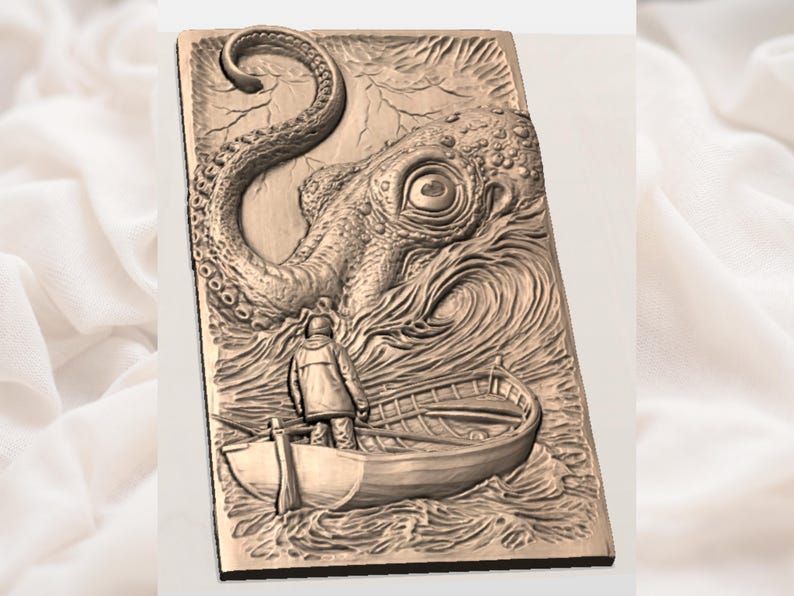 Kraken and the Lone Fisherman Bas-Relief STL Carving bas-relief STL — view 2