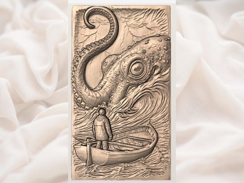 Kraken and the Lone Fisherman Bas-Relief STL Carving bas-relief STL — view 3