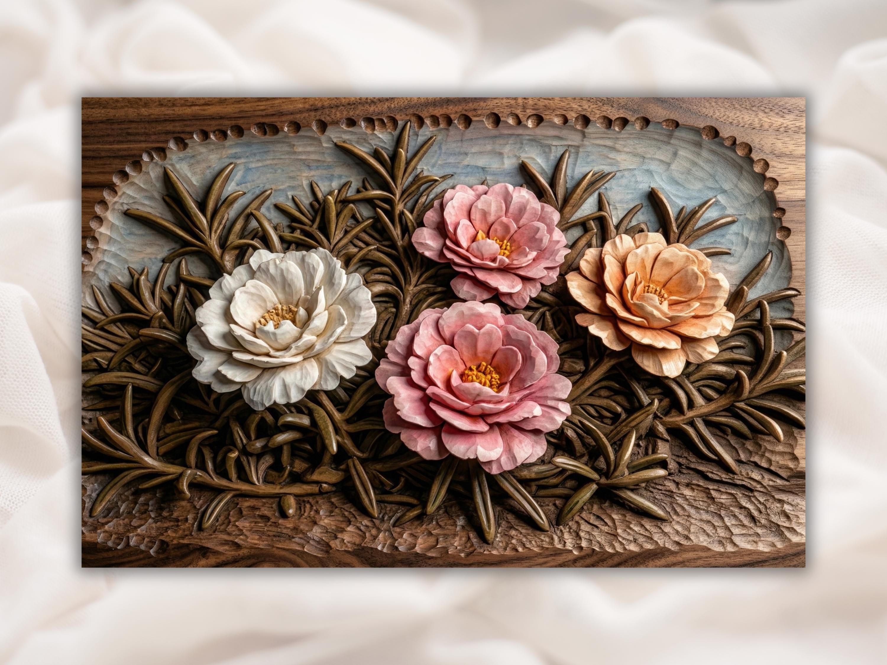 Carved bas-relief panel of two pink camellia blooms and one white flower with leaves and a beaded border
