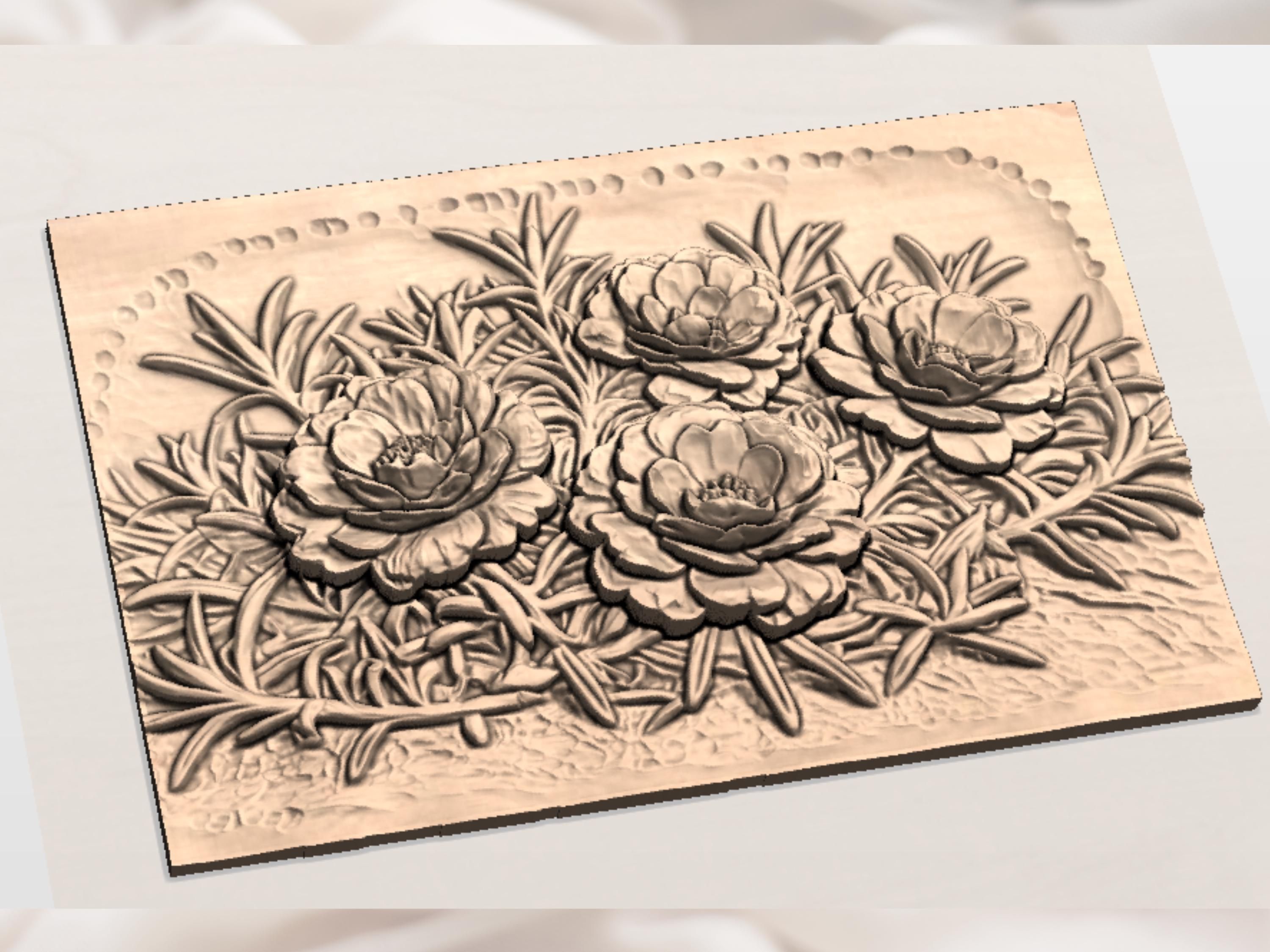 Camellia Blossom Trio Bas-Relief STL for CNC Carving bas-relief STL — view 2
