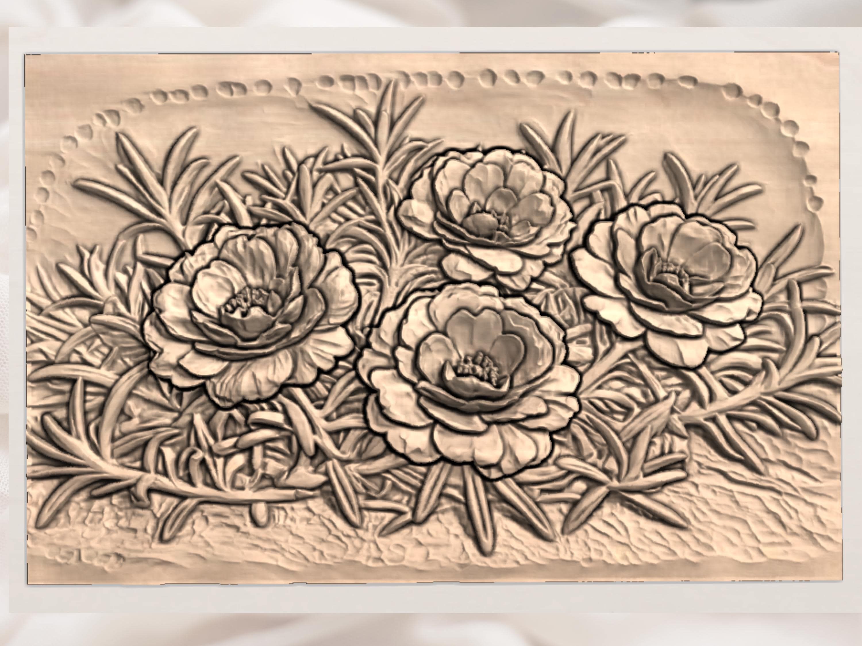 Camellia Blossom Trio Bas-Relief STL for CNC Carving bas-relief STL — view 3