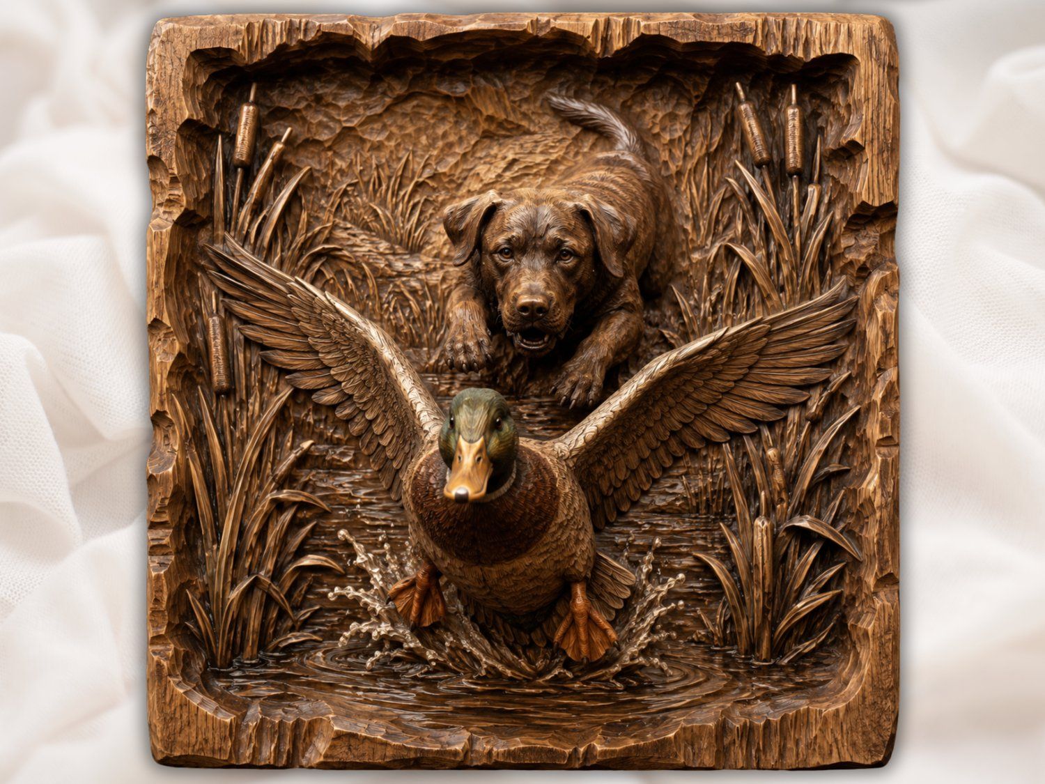 Labrador Hunting Duck Wood Carving Design | Mallard Waterfowl Wall Art Panel | Wildlife Relief for Aspire VCarve Pro Carveco ArtCAM — carved bas relief STL file for CNC