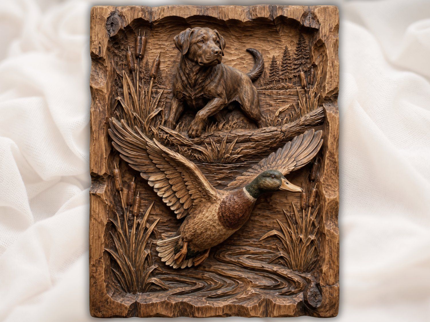 Labrador Retriever Hunting Mallard Duck Wall Art Panel | Wildlife Wood Carving Model for CNC Router | Rustic Cabin Decor Design Aspire — carved bas relief STL file for CNC
