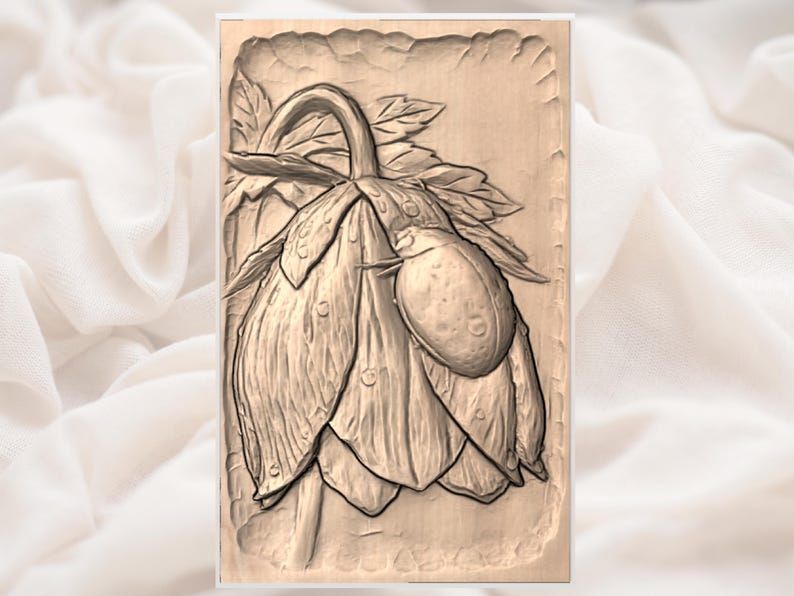 Ladybug Resting on a Dewy Drooping Blossom Relief STL bas-relief STL — view 3