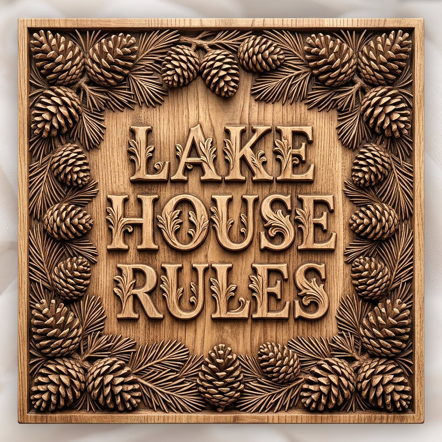 Lake House Rules Pinecone Sign CNC Relief STL | Rustic Cabin Decor | Forest Pine Tree Wall Art Panel — carved bas relief STL file for CNC