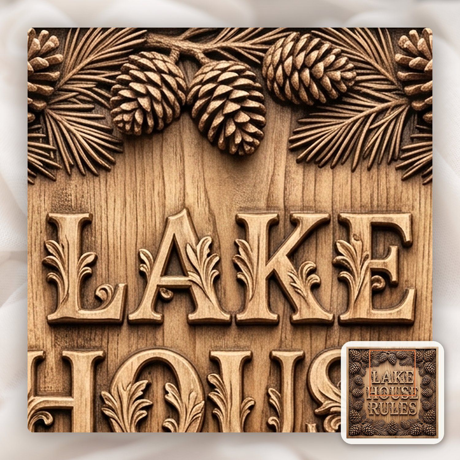 Lake House Rules Pinecone Sign CNC Relief STL bas-relief STL — view 10