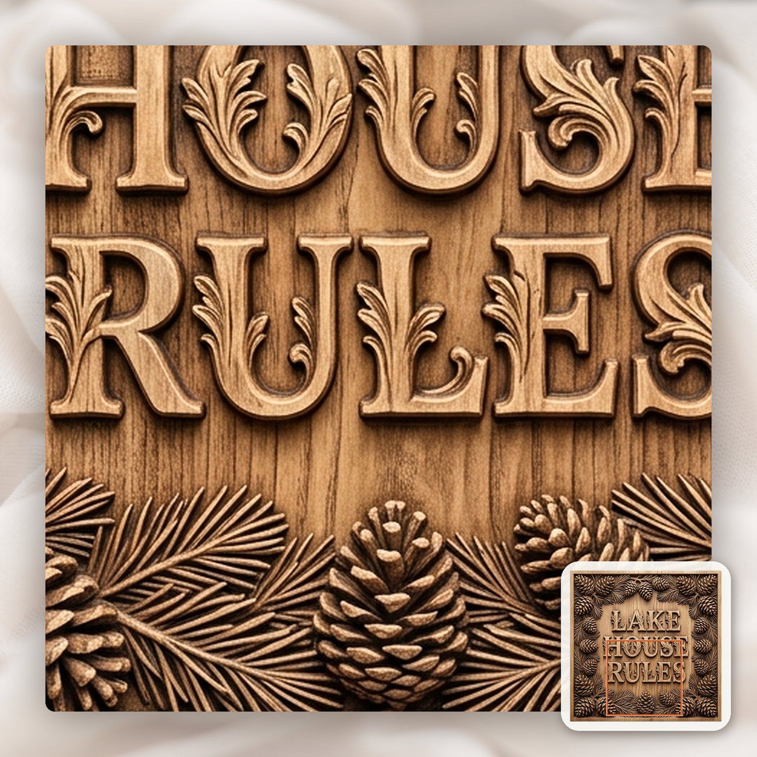 Lake House Rules Pinecone Sign CNC Relief STL bas-relief STL — view 11