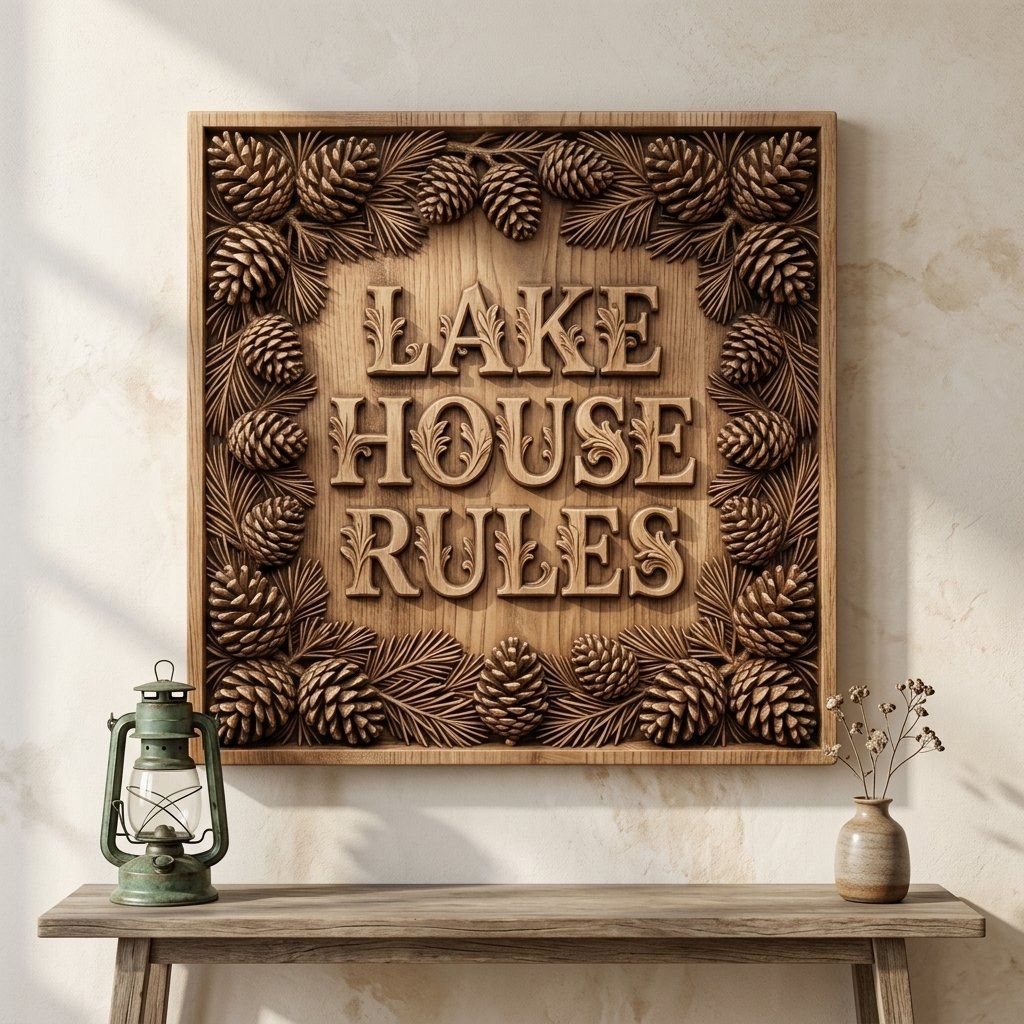 Lake House Rules Pinecone Sign CNC Relief STL bas-relief STL — view 13