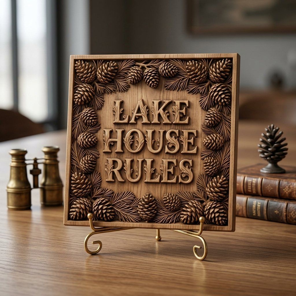Lake House Rules Pinecone Sign CNC Relief STL bas-relief STL — view 14