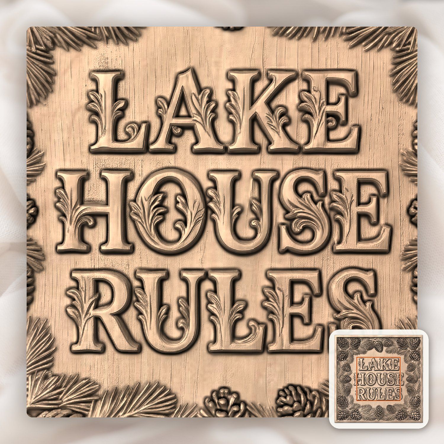 Lake House Rules Pinecone Sign CNC Relief STL bas-relief STL — view 5
