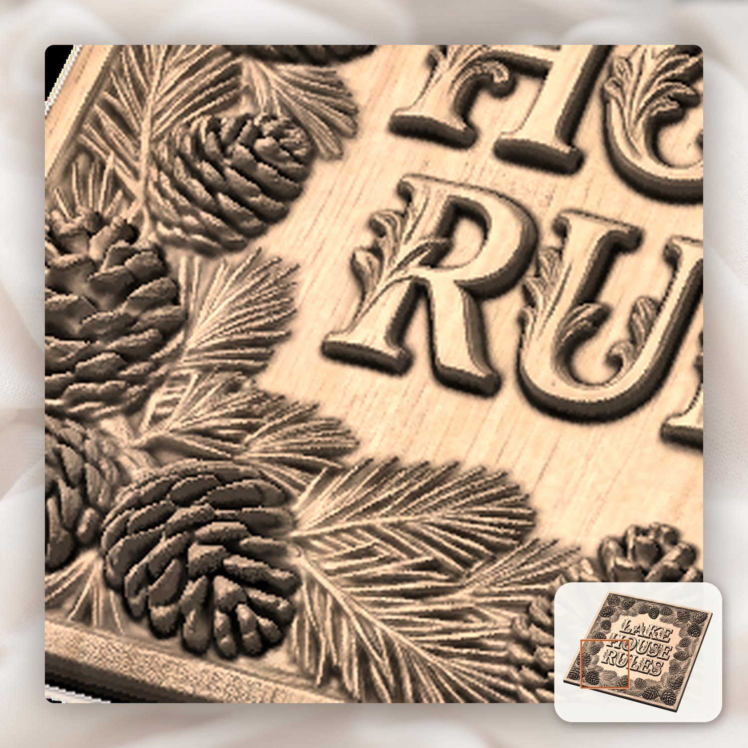Lake House Rules Pinecone Sign CNC Relief STL bas-relief STL — view 9