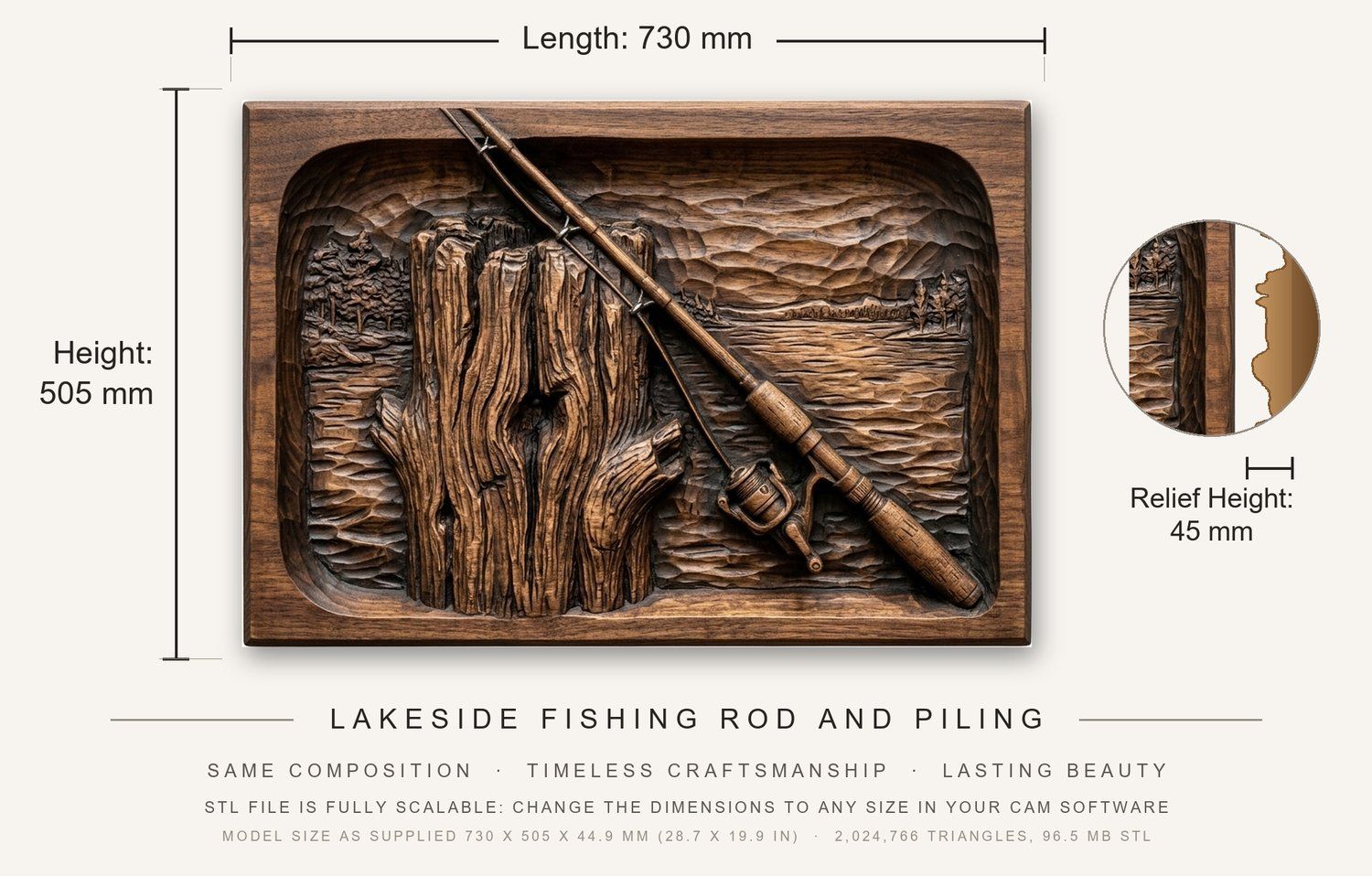 Lakeside Fishing Rod and Piling CNC Relief STL bas-relief STL — view 3