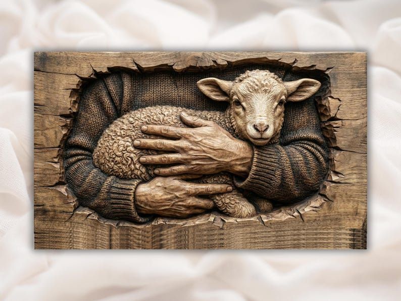 Bas-relief carving of two hands gently cradling a curly-wool lamb inside a cracked wooden frame