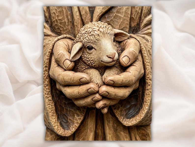 Bas-relief wood carving of a small lamb cradled in two cupped human hands, a Good Shepherd design