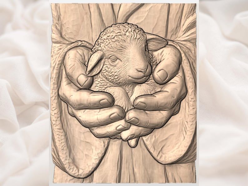 Lamb Cradled in Caring Hands Bas-Relief STL Carving bas-relief STL — view 3