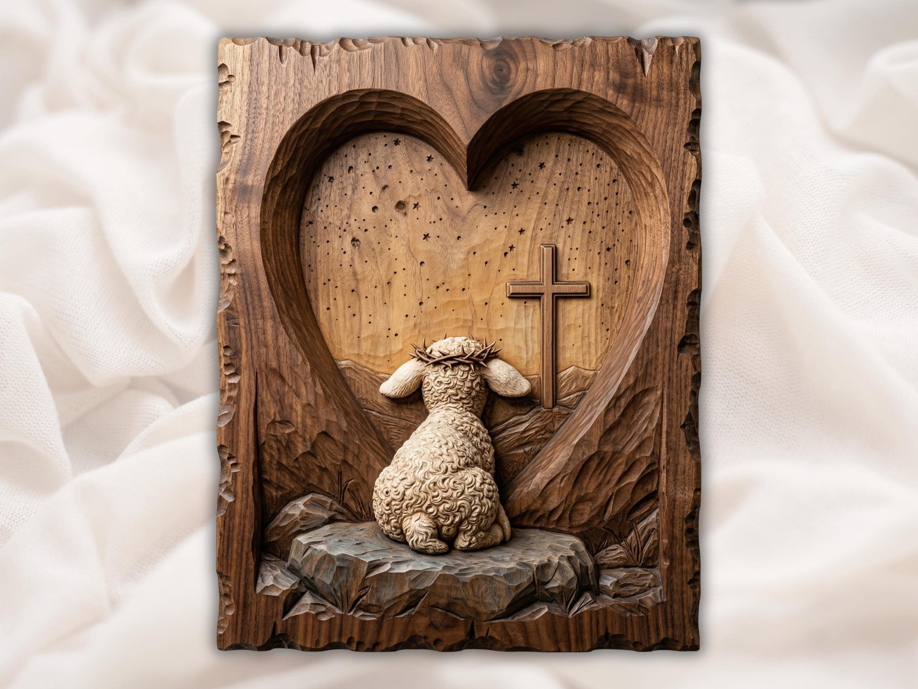 Carved wood relief of a thorn-crowned lamb kneeling before a cross under a starry heart-shaped sky