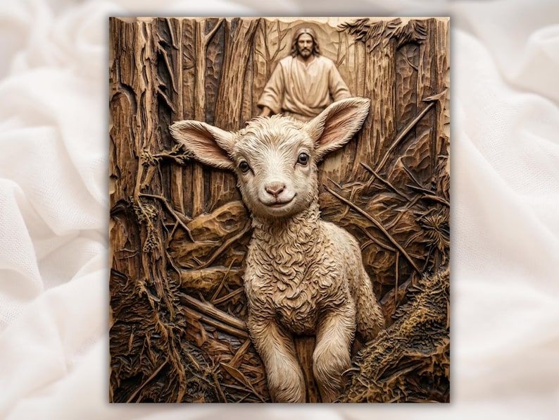 Carved bas-relief of a young lamb in the foreground with Jesus the Good Shepherd standing among forest trees behind it.
