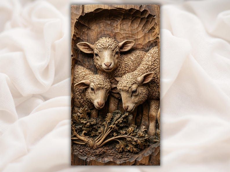 Bas-relief wood carving of three baby lambs with curly wool nestled over a cluster of wild greens