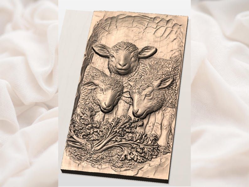 Three Baby Lambs with Wild Greens Bas-Relief STL Carving bas-relief STL — view 2