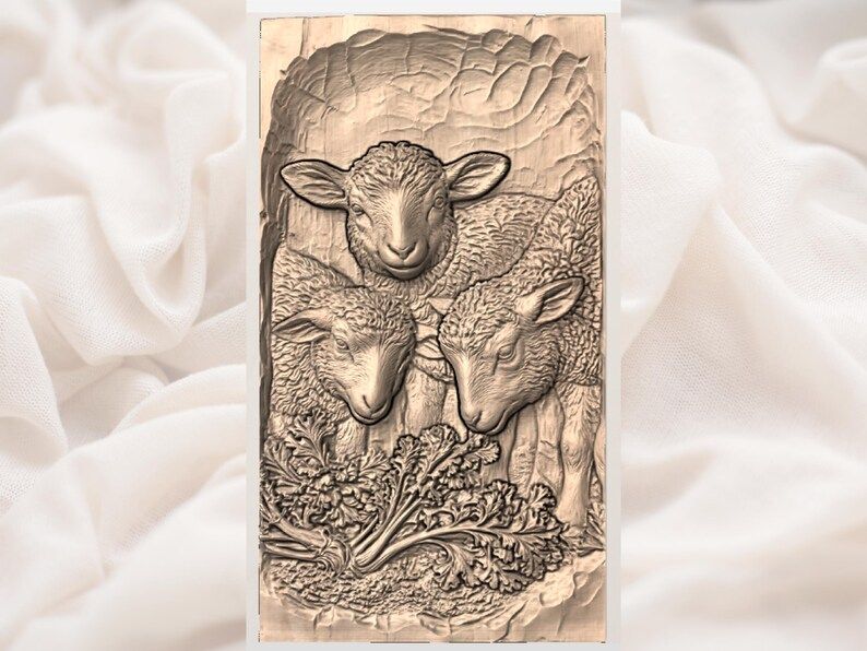 Three Baby Lambs with Wild Greens Bas-Relief STL Carving bas-relief STL — view 3