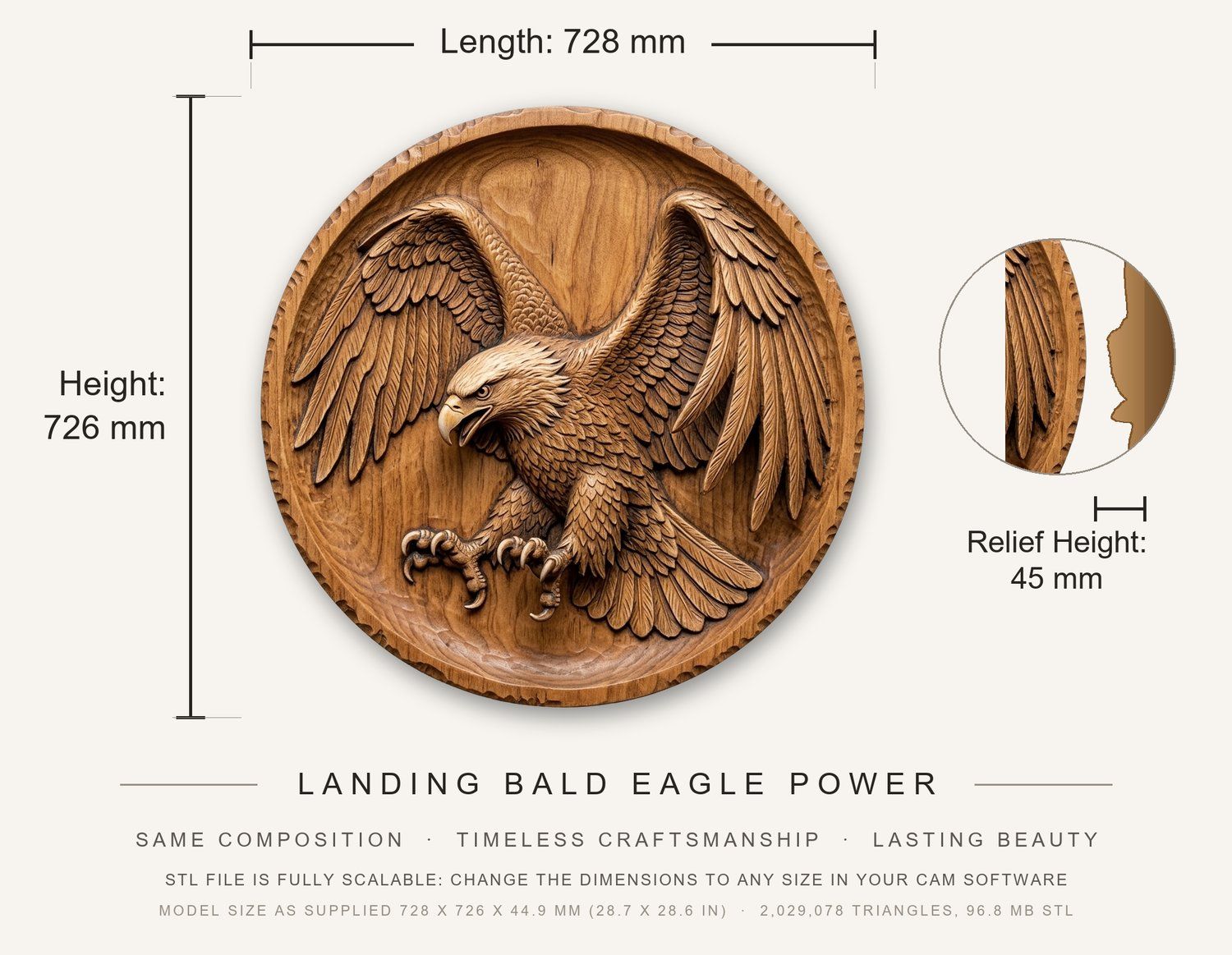 Landing Bald Eagle Power CNC Relief STL bas-relief STL — view 3