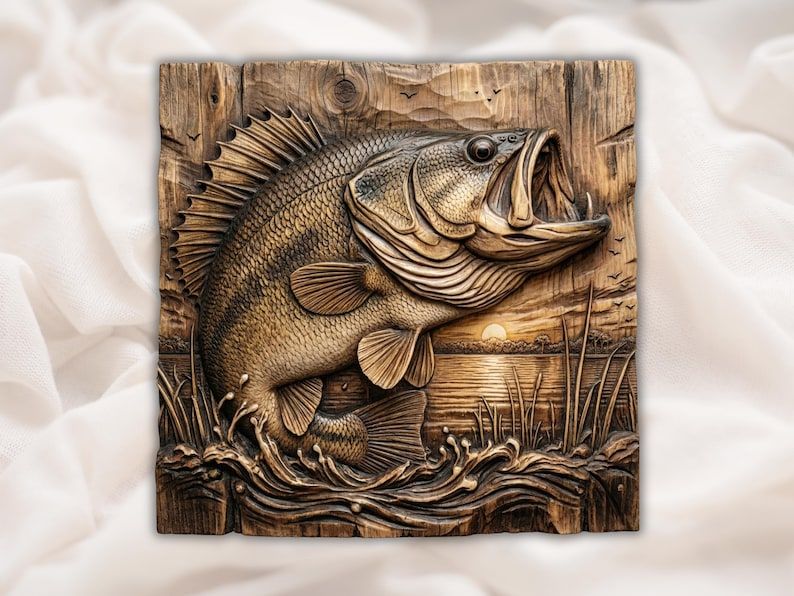 Carved wood relief of a largemouth bass leaping from a lake with reeds and a sunset in the background.