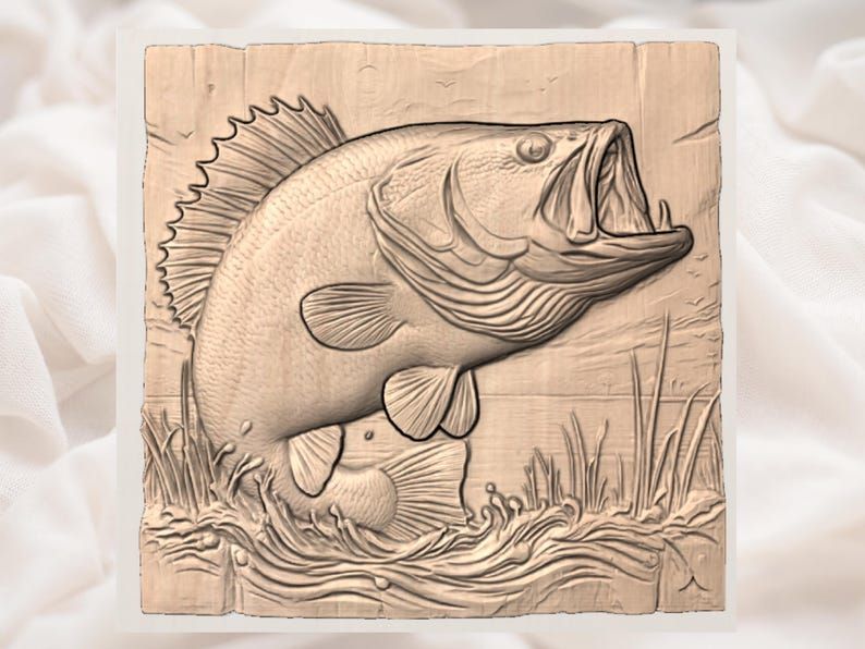 Largemouth Bass Leaping at Sunset 3D Relief STL Panel bas-relief STL — view 3