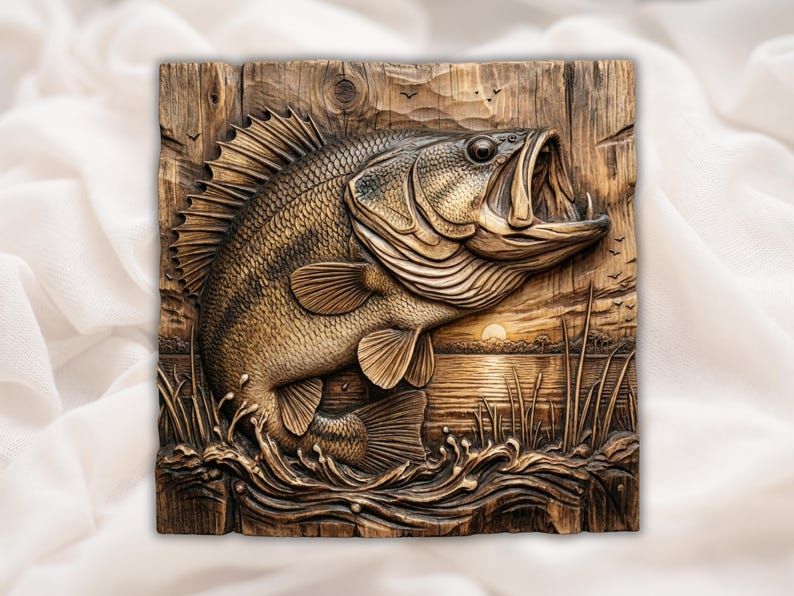Largemouth Bass Leaping at Sunset 3D Relief STL Panel bas-relief STL design