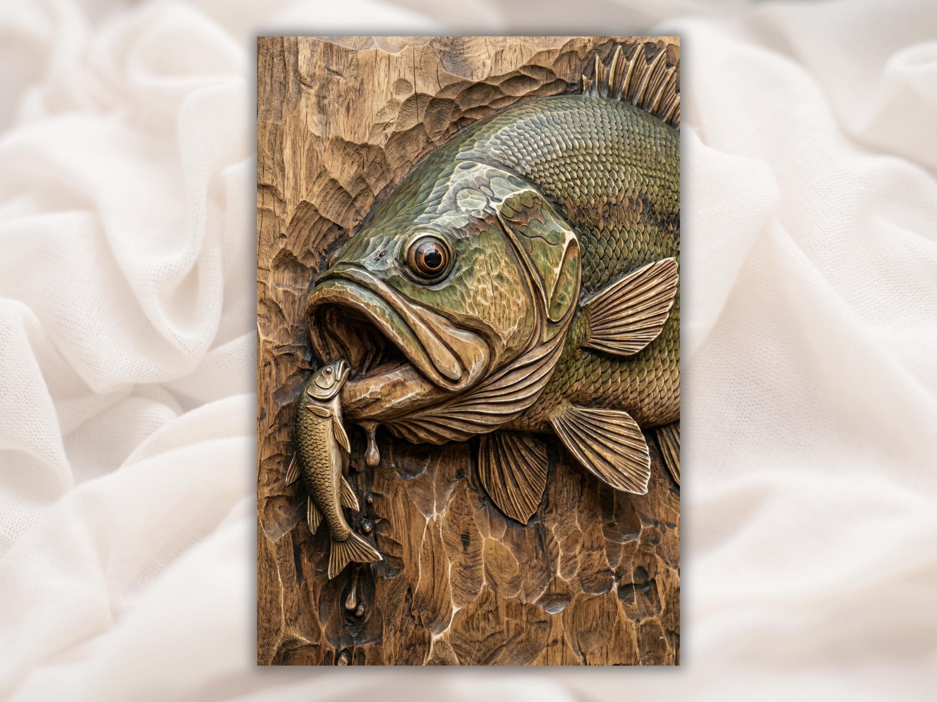 Carved wood bas-relief of a largemouth bass with open mouth, detailed scales, fins, and a glossy eye.