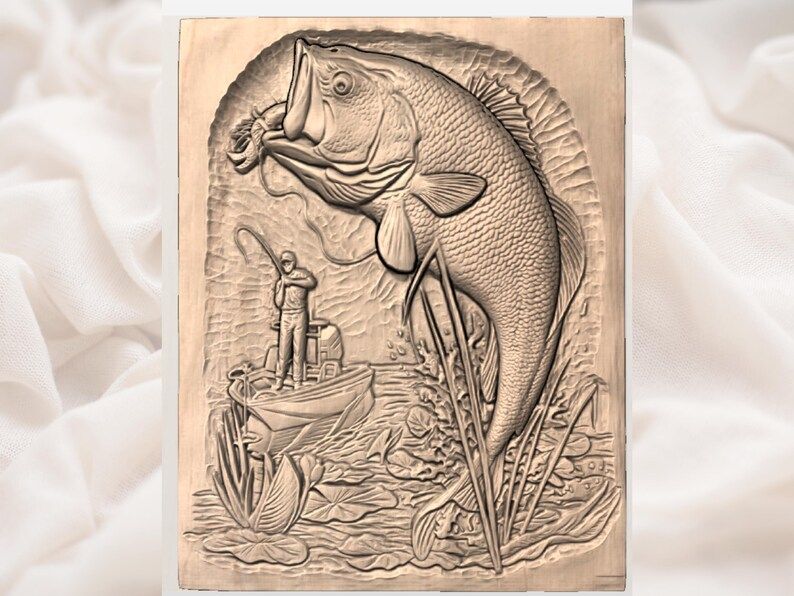 Largemouth Bass Strike Scene Bas-Relief STL for CNC bas-relief STL — view 2