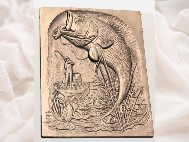 Largemouth Bass Strike Scene Bas-Relief STL for CNC bas-relief STL — view 3
