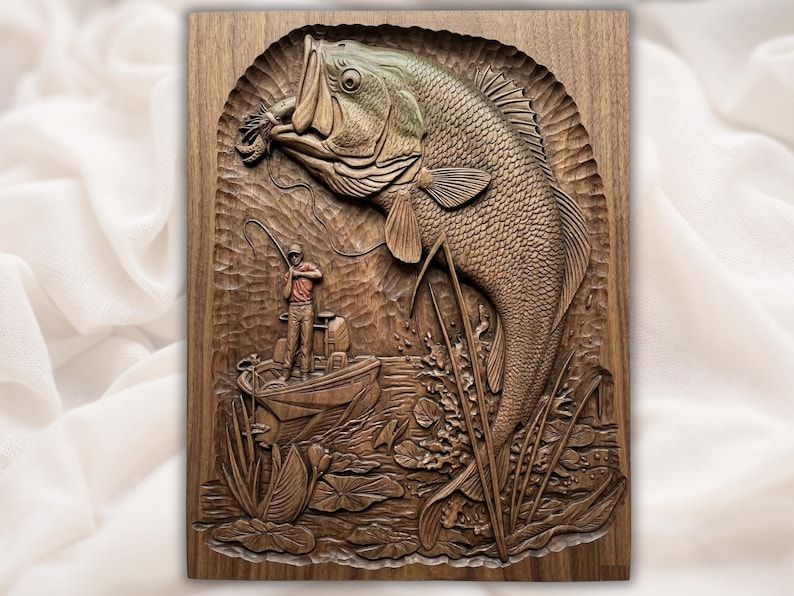 Largemouth Bass Strike Scene Bas-Relief STL for CNC bas-relief STL design