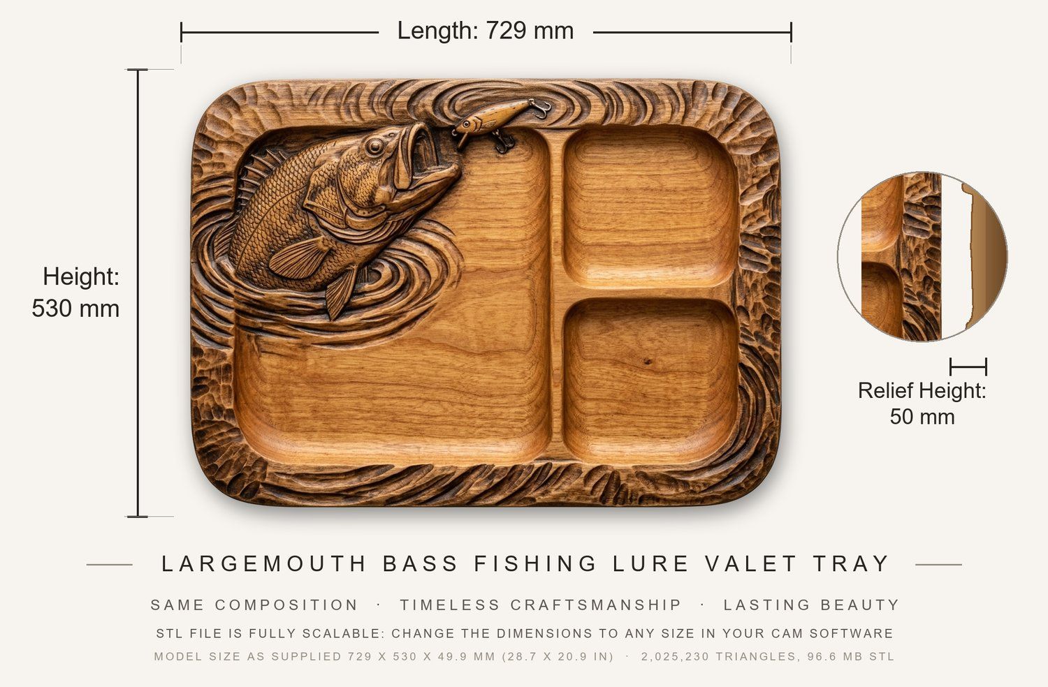 Largemouth Bass Fishing Lure Valet Tray CNC Relief STL bas-relief STL — view 3