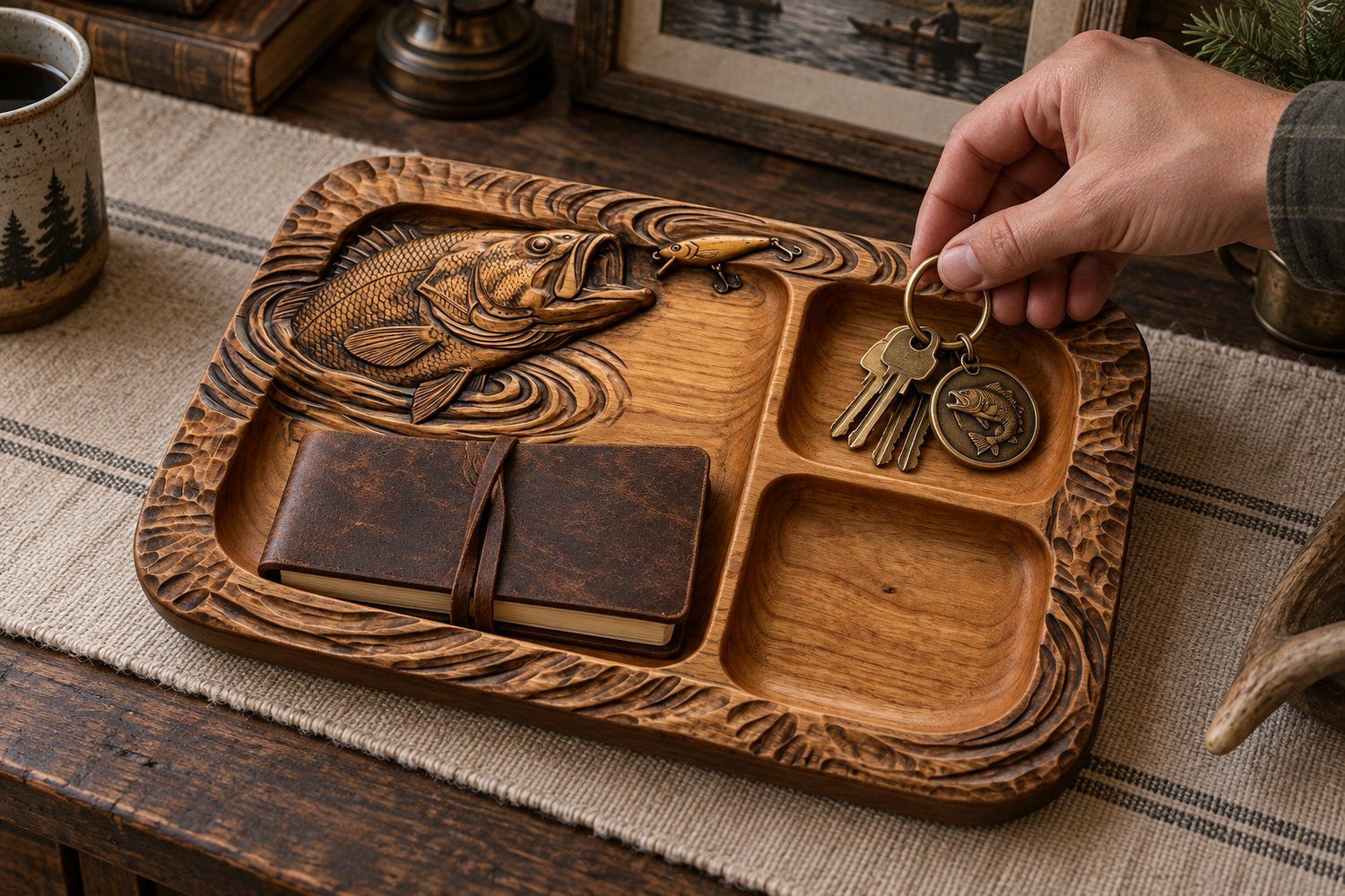 Largemouth Bass Fishing Lure Valet Tray CNC Relief STL | Rustic Cabin Decor Wood Carving Design | Angler Gift Organizer Panel — carved bas relief STL file for CNC