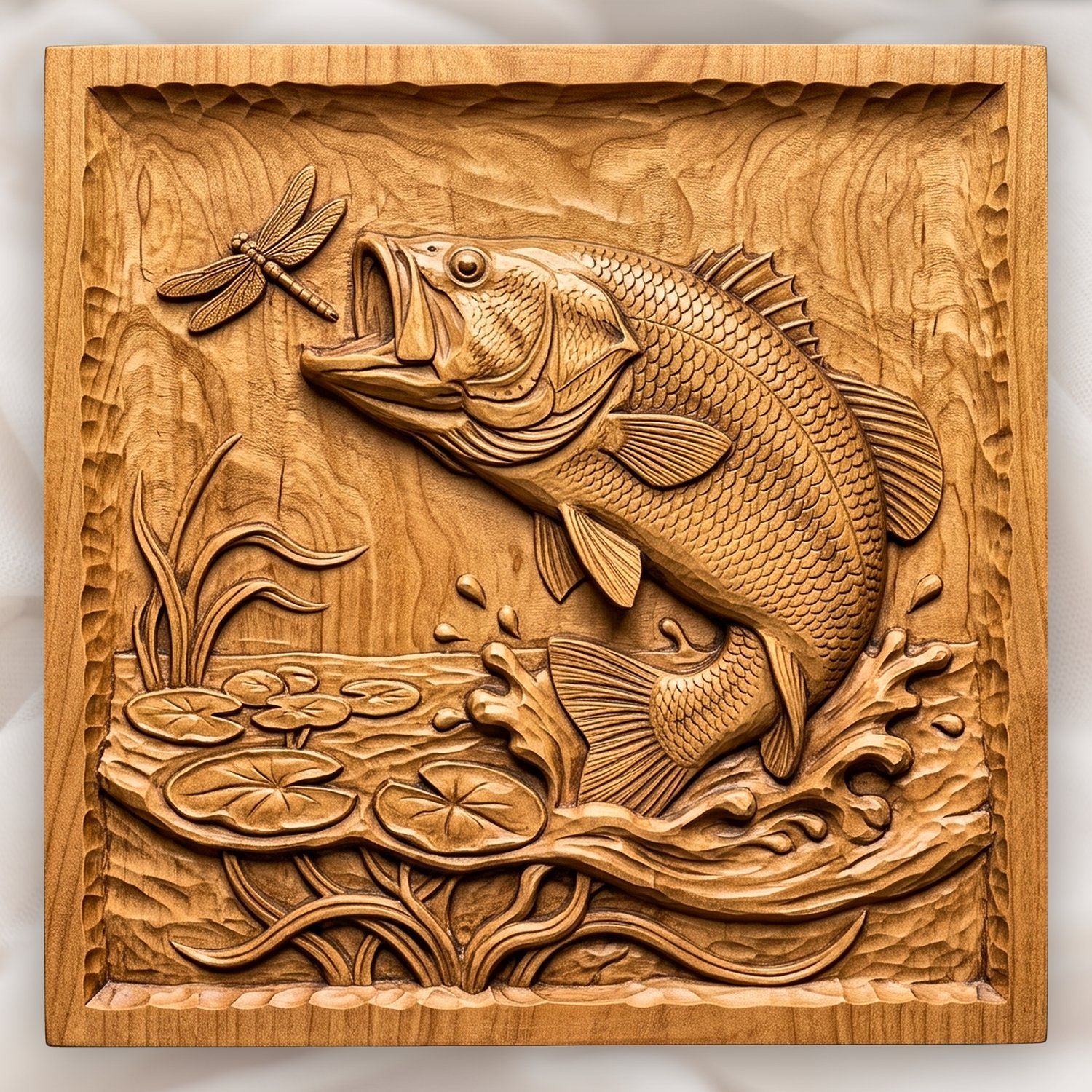 Largemouth Bass Fishing Scene CNC Relief STL bas-relief STL design