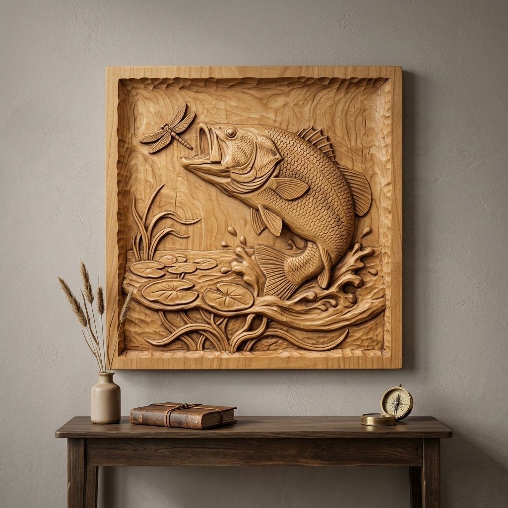 Largemouth Bass Fishing Scene CNC Relief STL bas-relief STL — view 14
