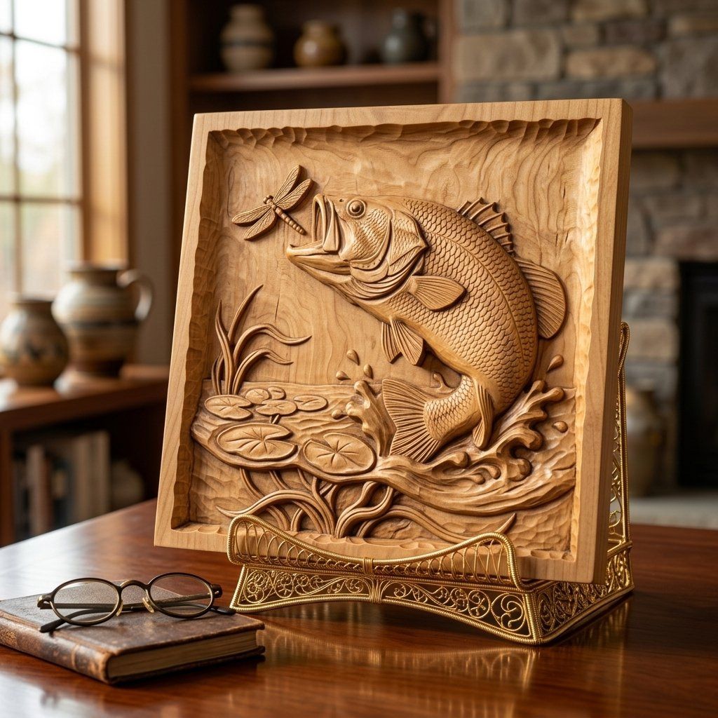Largemouth Bass Fishing Scene CNC Relief STL bas-relief STL — view 3
