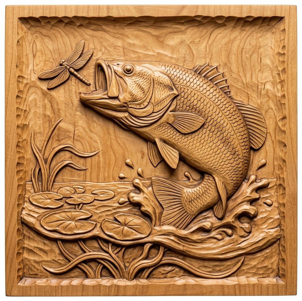 Largemouth Bass Fishing Scene CNC Relief STL bas-relief STL — view 11