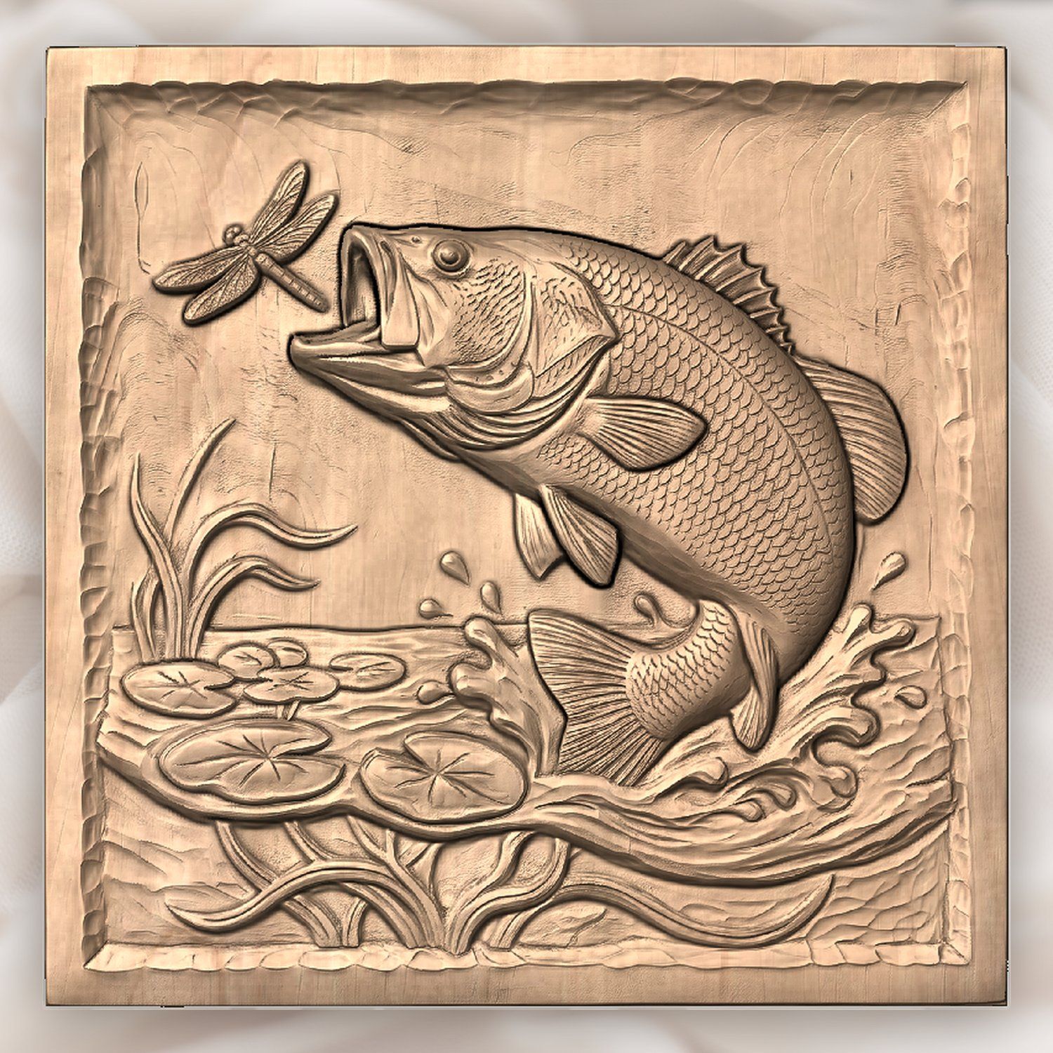 Largemouth Bass Fishing Scene CNC Relief STL bas-relief STL — view 4