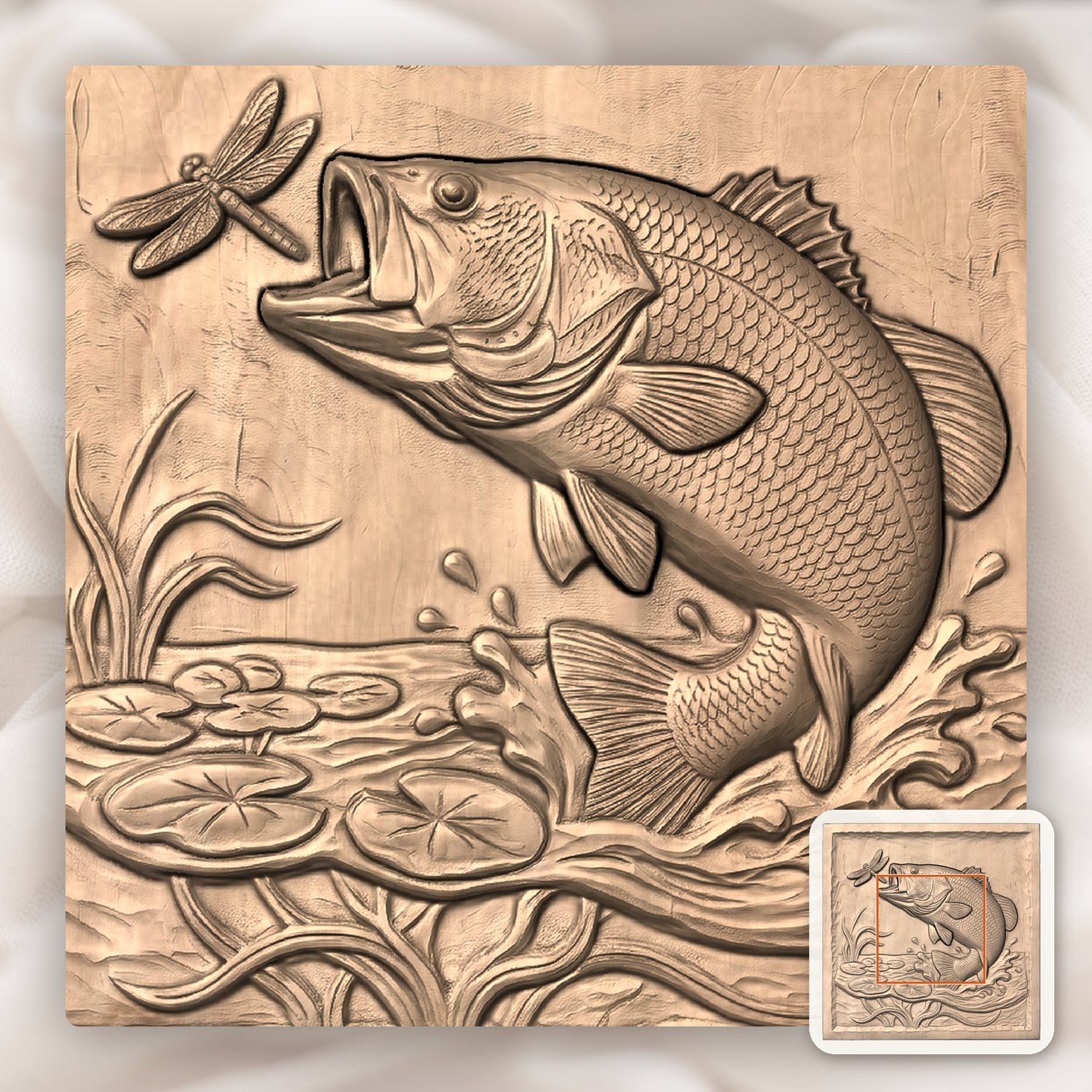 Largemouth Bass Fishing Scene CNC Relief STL bas-relief STL — view 6